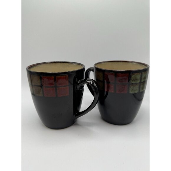 2 Gourmet Basics by Mikasa Antigua Coffee Mugs 4.5" tall Brown base geometric - Picture 4 of 5